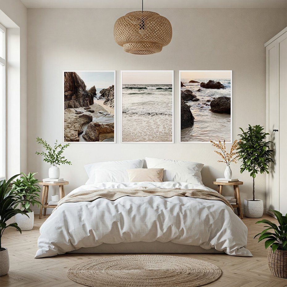 Zestaw obrazy w ramie, plakaty - plaża, morze, skały - rama biała
