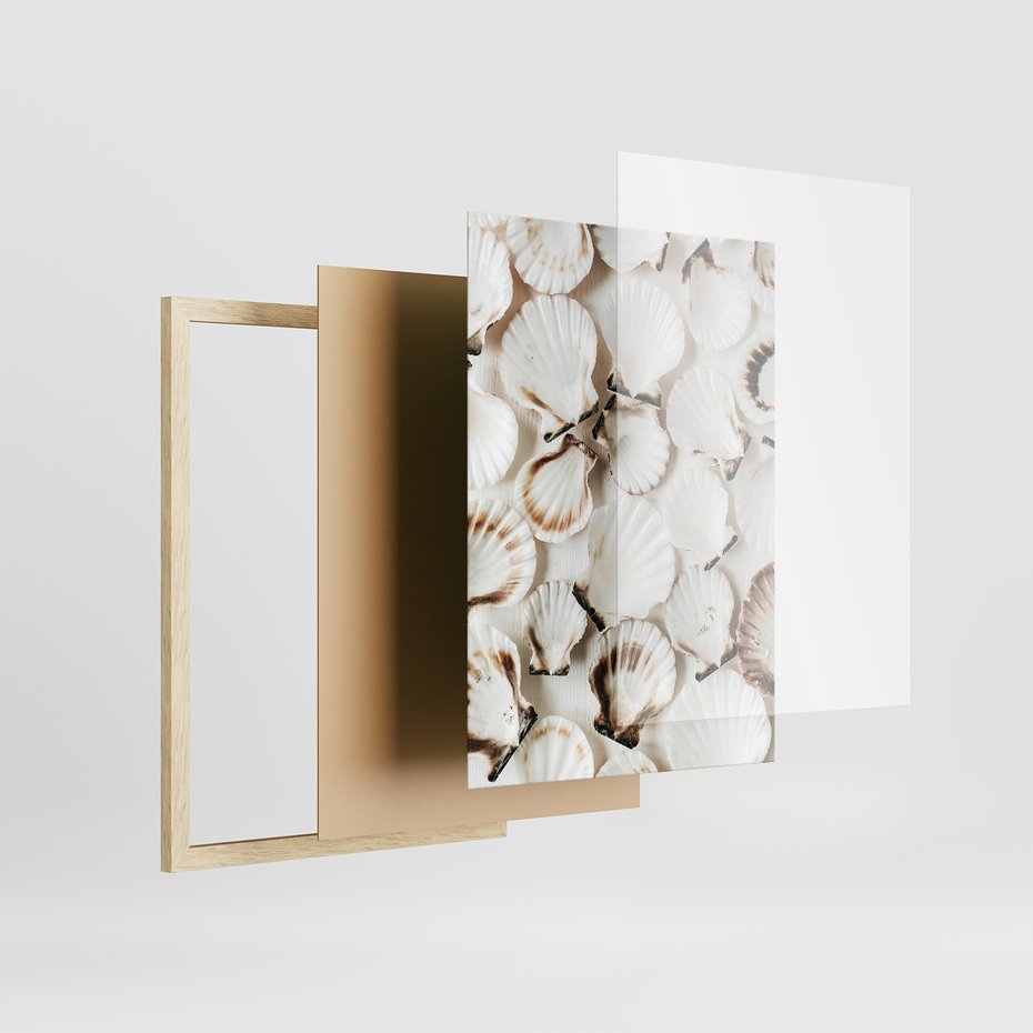 Zestaw obrazy w ramie, plakaty - muszle, plaża, woda - rama drewno