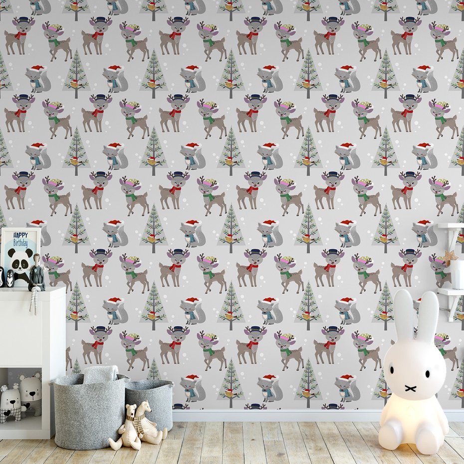 Tapeta - dziecięca, renifer, lis, drzewo
