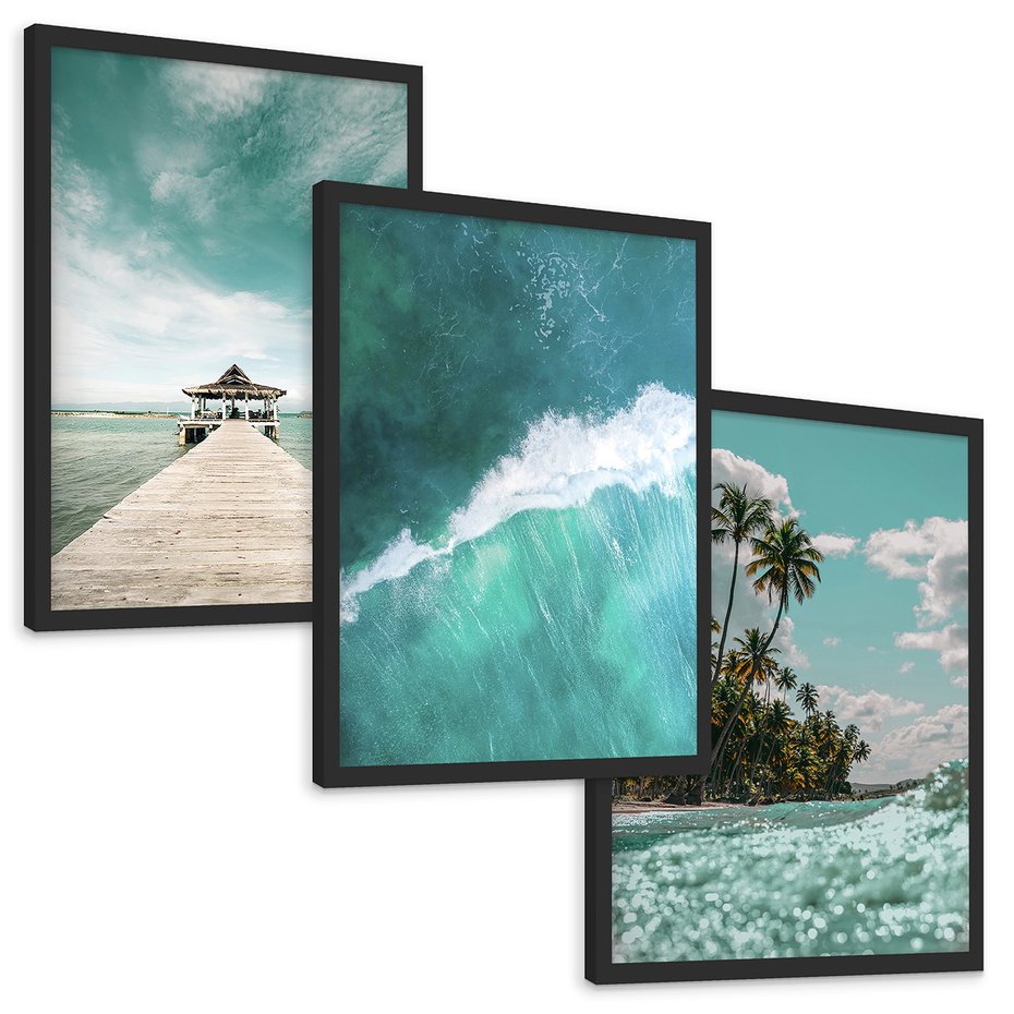 Zestaw obrazy w ramie, plakaty - plaża, morze, tropiki - rama czarna