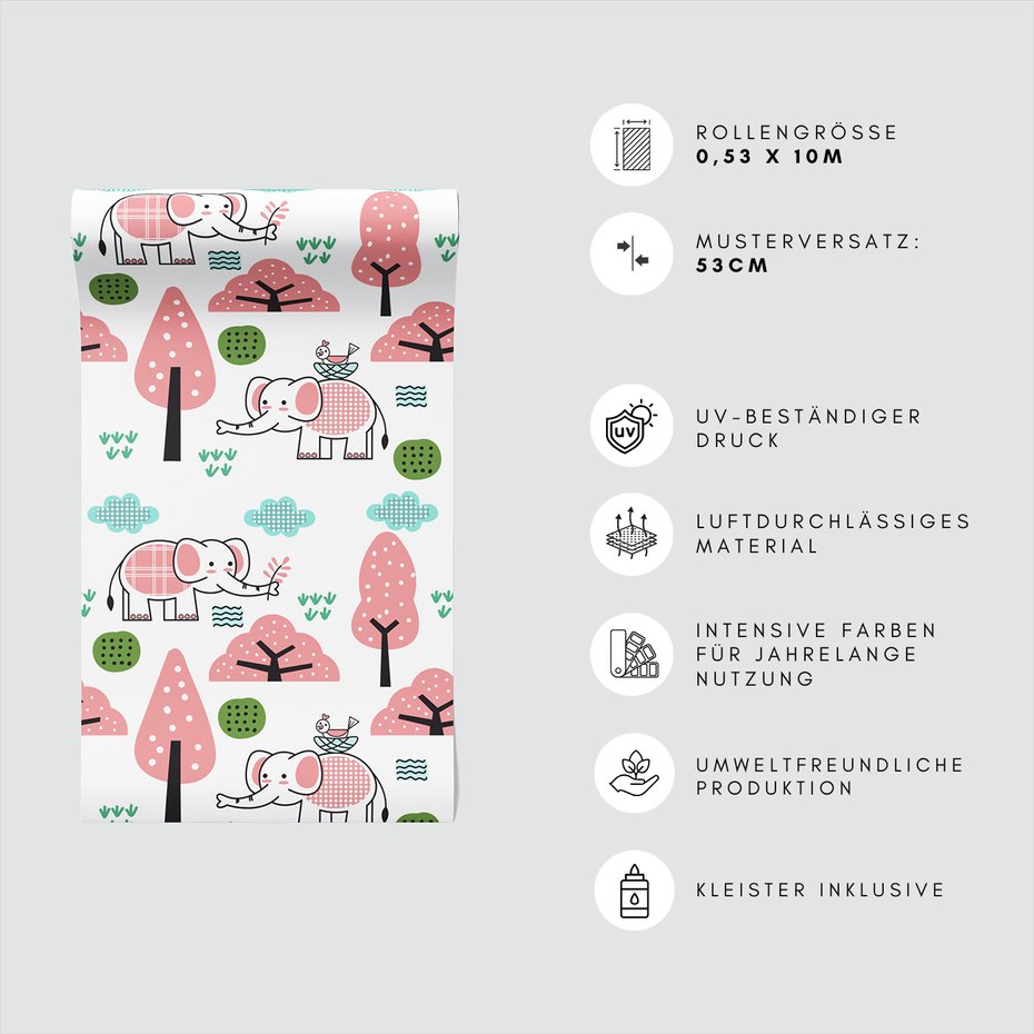 Tapeta - dziecięca, słoń, drzewa, ptak