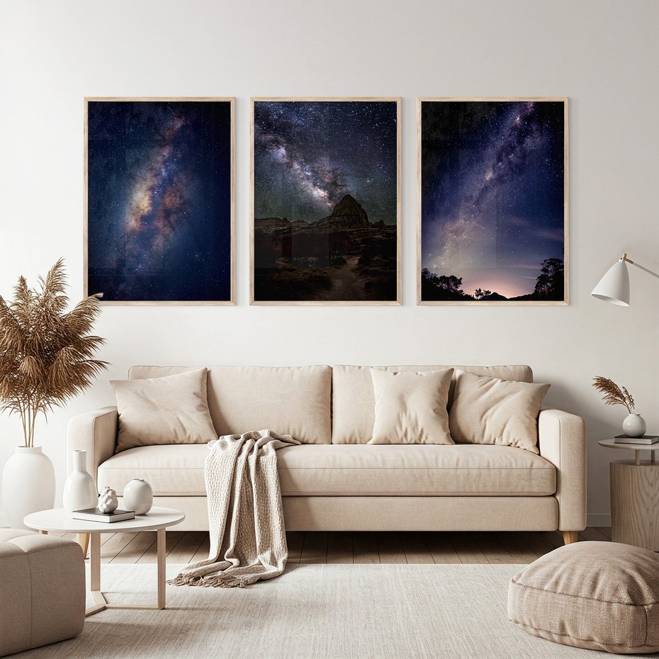 Zestaw obrazy w ramie, plakaty - gwiazdy, noc, galaktyka - rama drewno