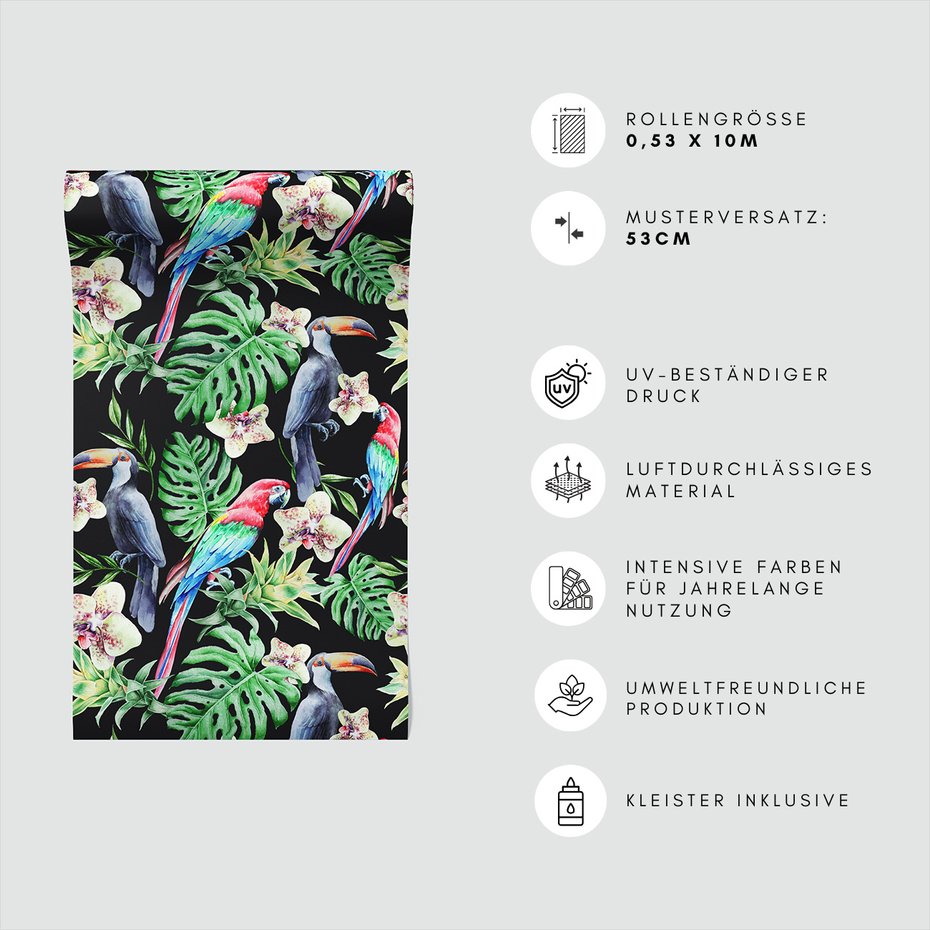 Tapeta - tukany, papugi, orchidee