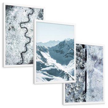 Zestaw obrazy w ramie, plakaty - zima, śnieg, góry - rama biała