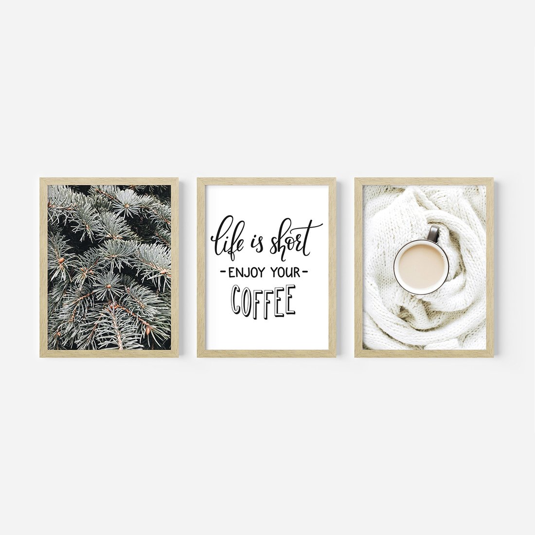Zestaw obrazy w ramie, plakaty - igły, kawa, sweter - rama drewno