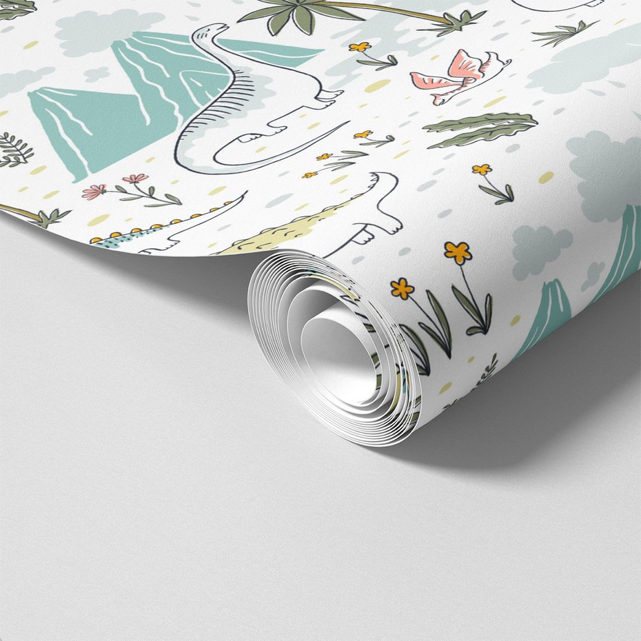 Tapeta - dziecięca, dinozaury, palmy, góry