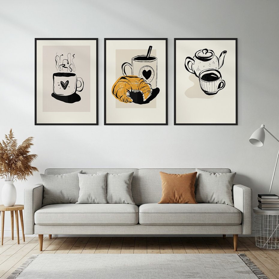 Zestaw obrazy w ramie, plakaty - kawa, filiżanka, croissant - rama czarna