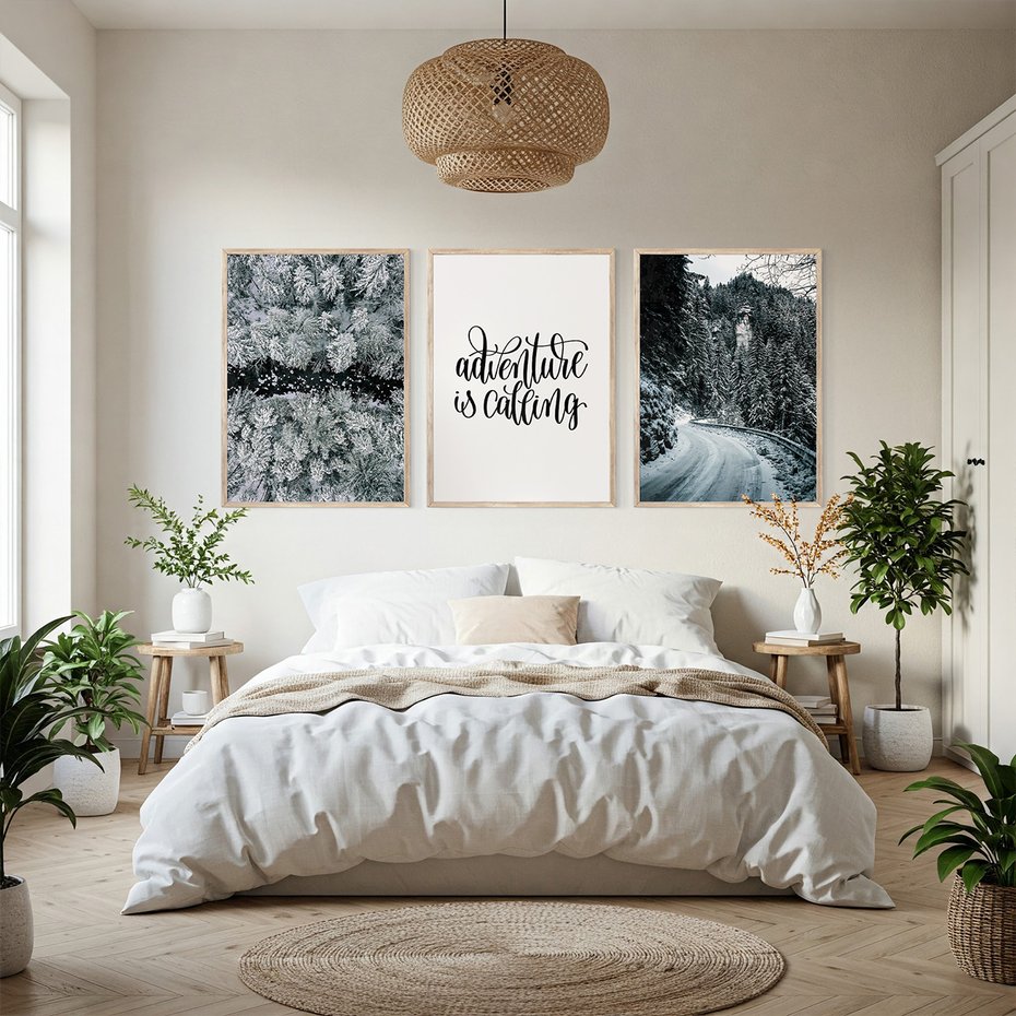 Zestaw obrazy w ramie, plakaty - zima, śnieg, las - rama drewno