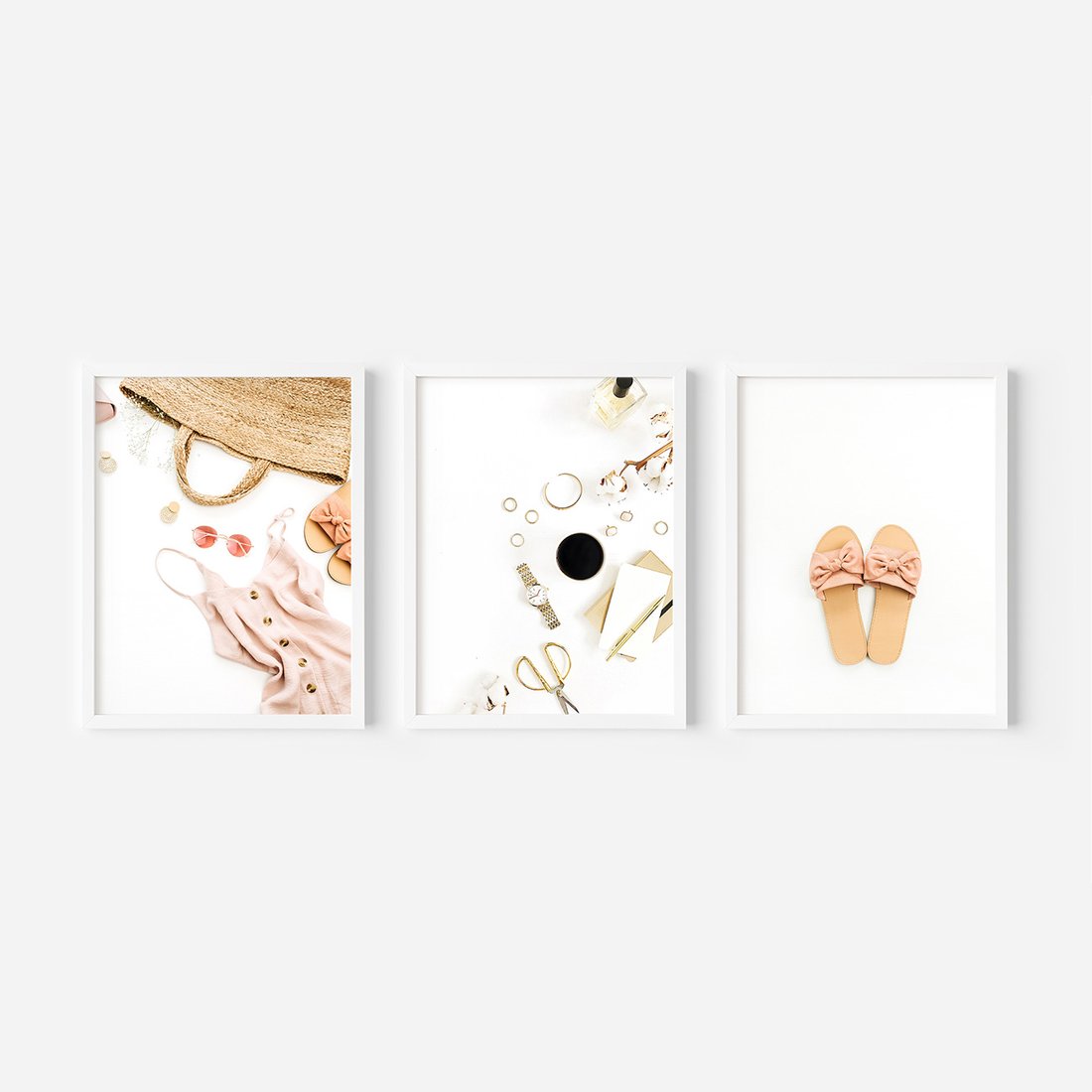 Zestaw obrazy w ramie, plakaty - akcesoria, różowy, złoty - rama biała