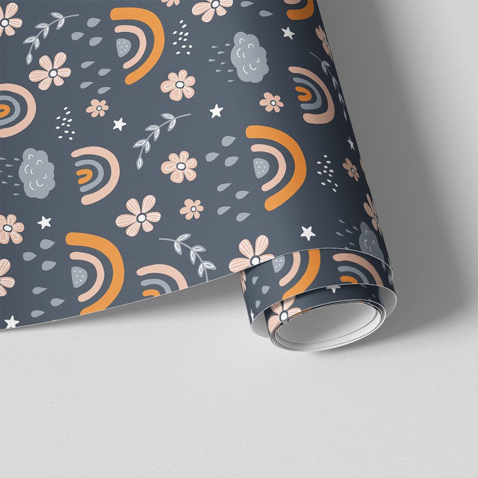 Tapeta - dziecięca, chmura, tęcza, kwiaty