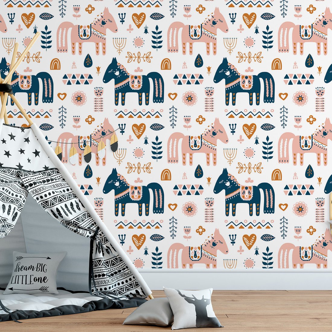 Tapeta - dziecięca, konie, kwiaty, ornamenty