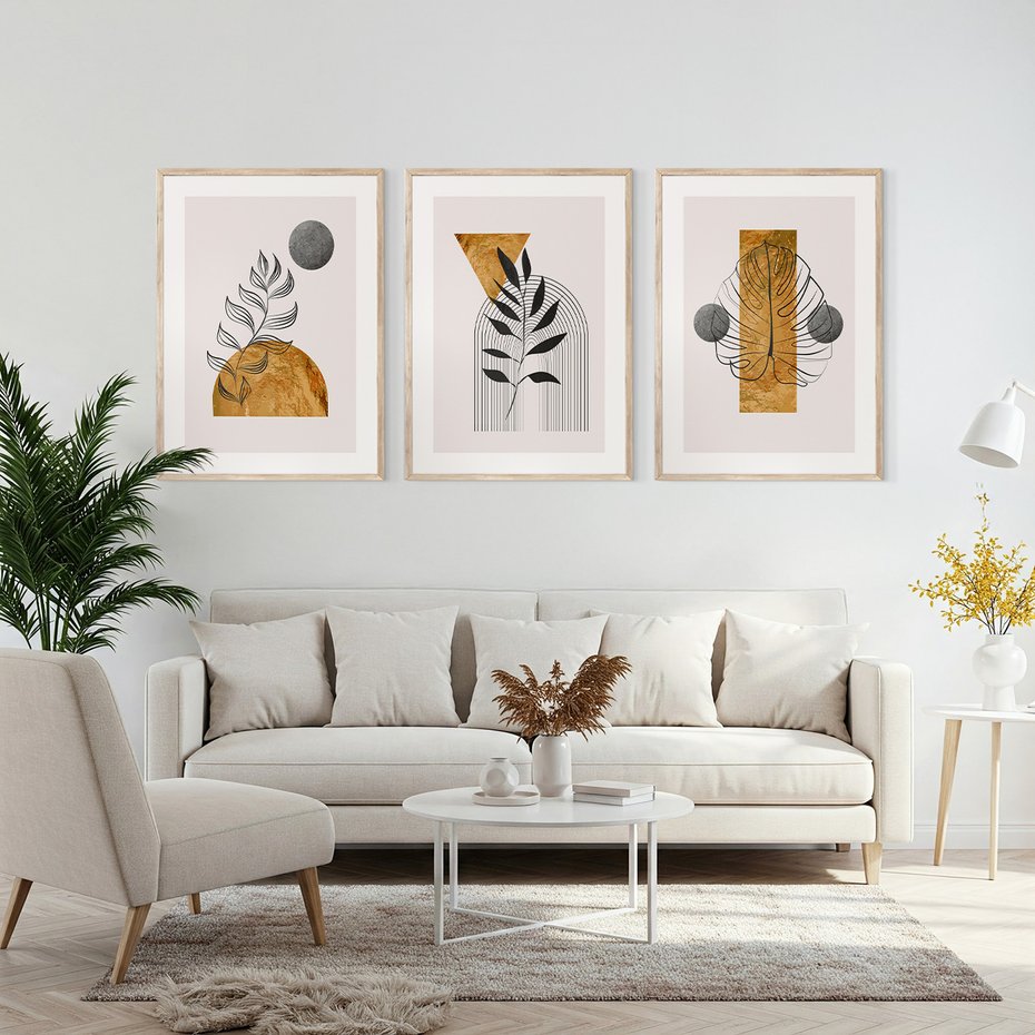 Zestaw obrazy w ramie, plakaty - liście, abstrakcja, złoto - rama drewno