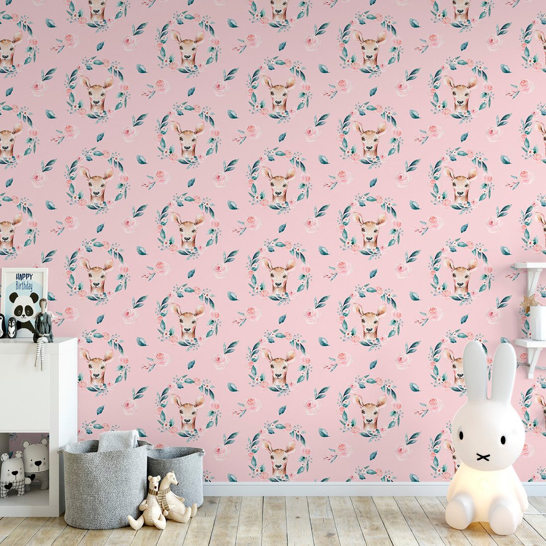 Tapeta - dziecięca, sarna, róże, wieniec