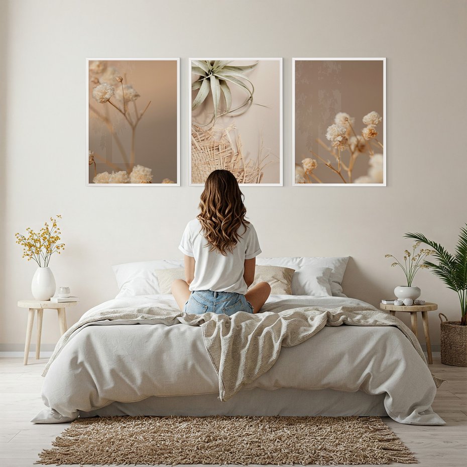 Zestaw obrazy w ramie, plakaty - kwiaty, roślina, suszone - rama biała