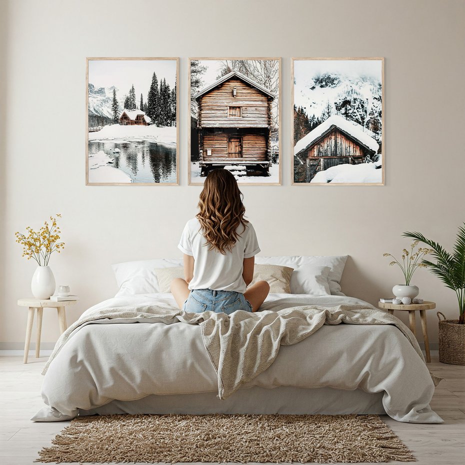 Zestaw obrazy w ramie, plakaty - zima, drewno, śnieg - rama drewno