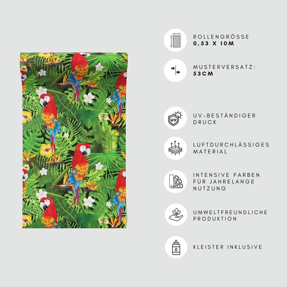 Tapeta - papuga, liście, kwiaty