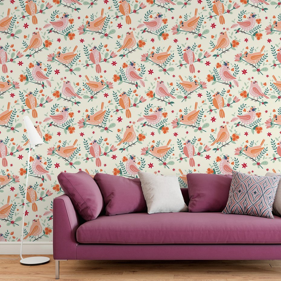 Tapeta - kwiaty, ptaki, gałęzie