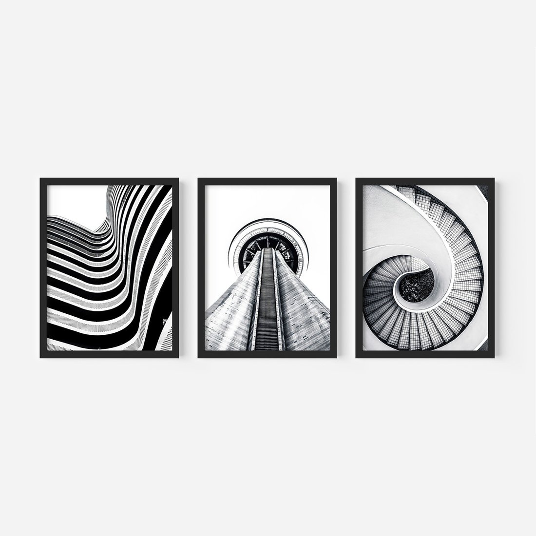 Zestaw obrazy w ramie, plakaty - struktura, schody, architektura - rama czarna