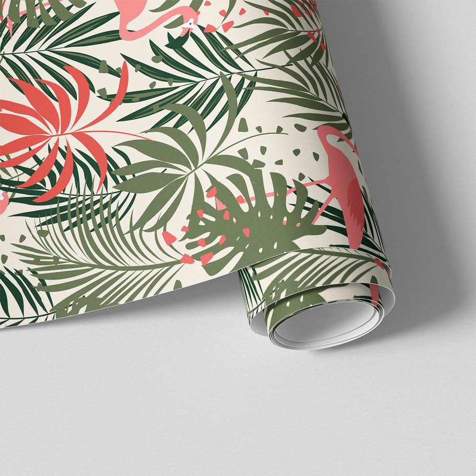 Tapeta - flamingo, liście, tropiki
