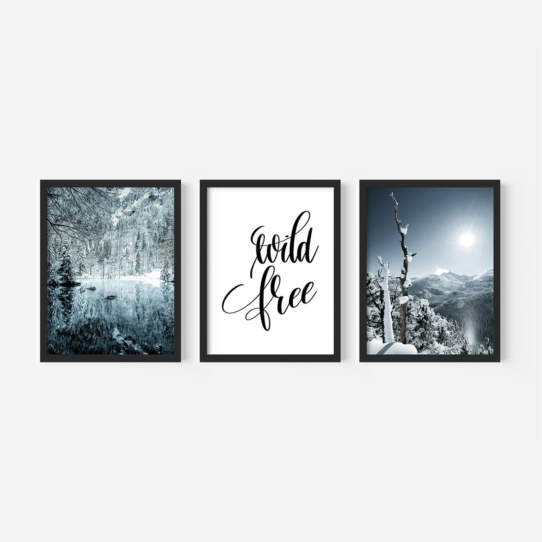 Zestaw obrazy w ramie, plakaty - zima, śnieg, góry - rama czarna