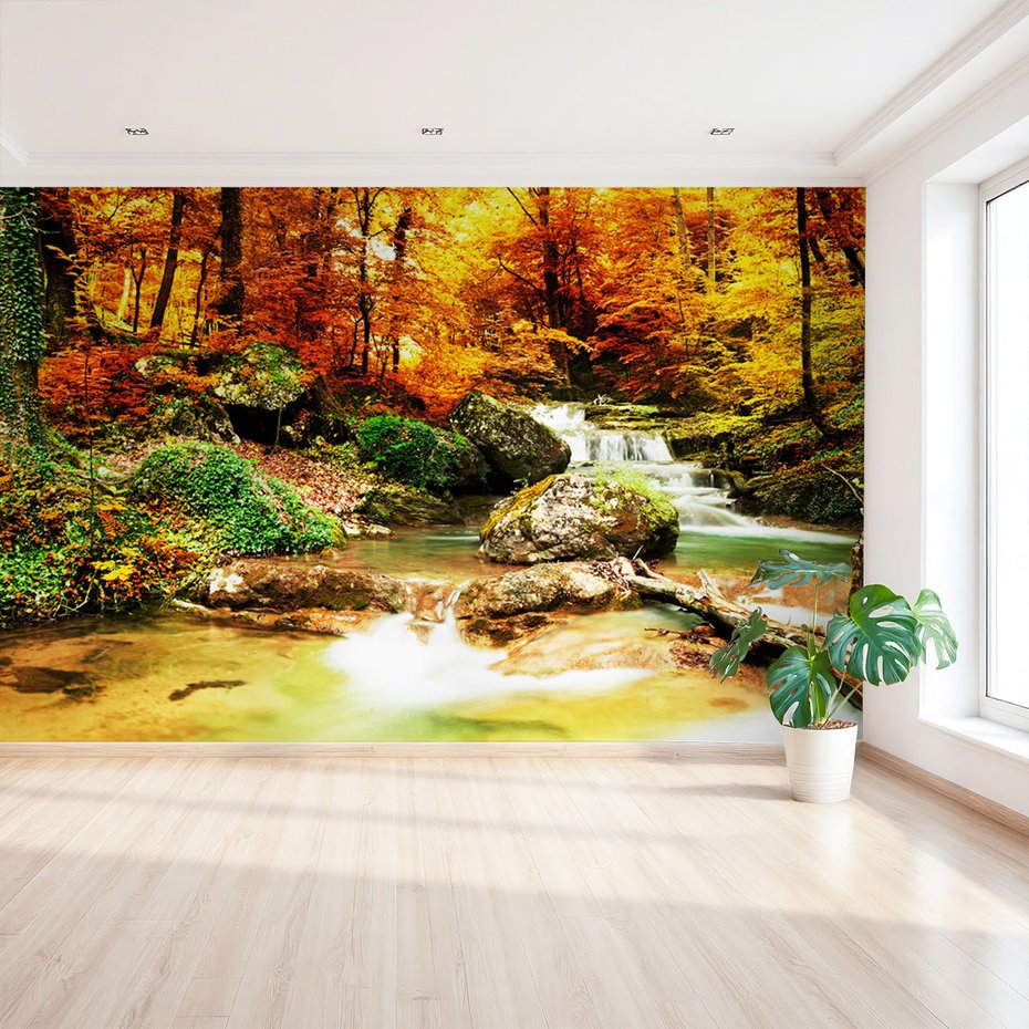 Fototapeta - las, wodospad, jesień