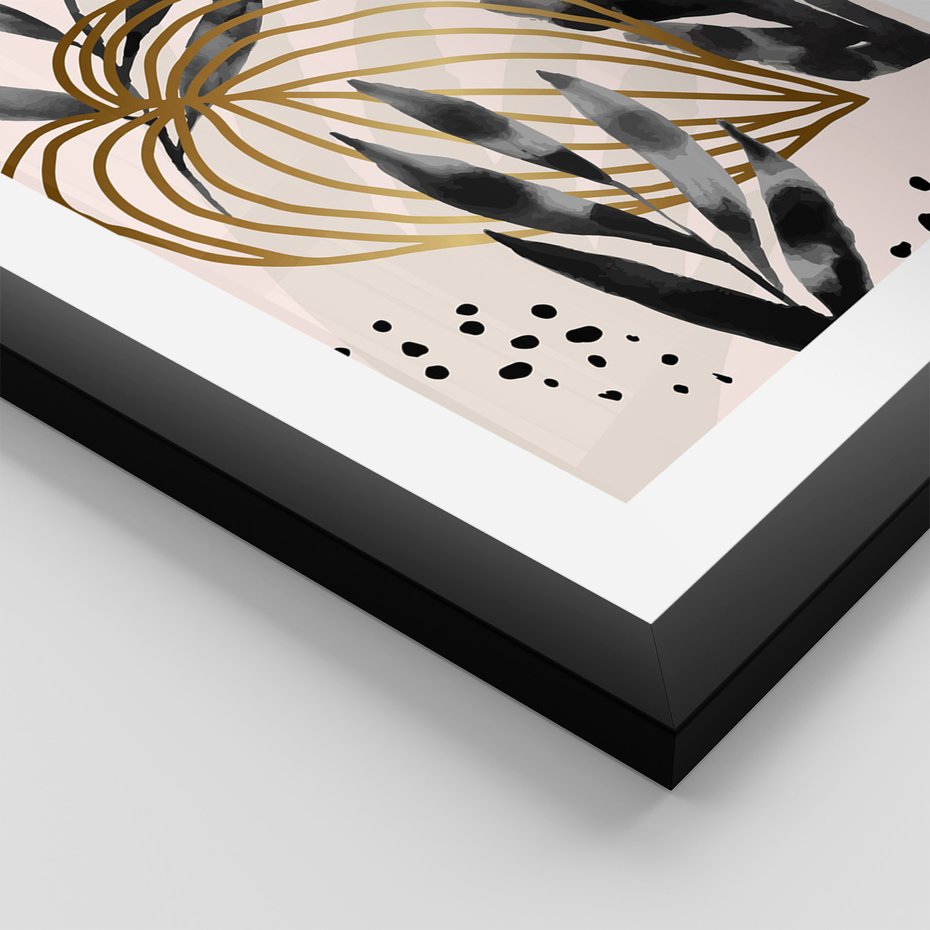 Zestaw obrazy w ramie, plakaty - liście, złoto, abstrakcja - rama czarna