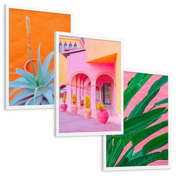 Zestaw obrazy w ramie, plakaty - rośliny, architektura, tropikalne - rama biała