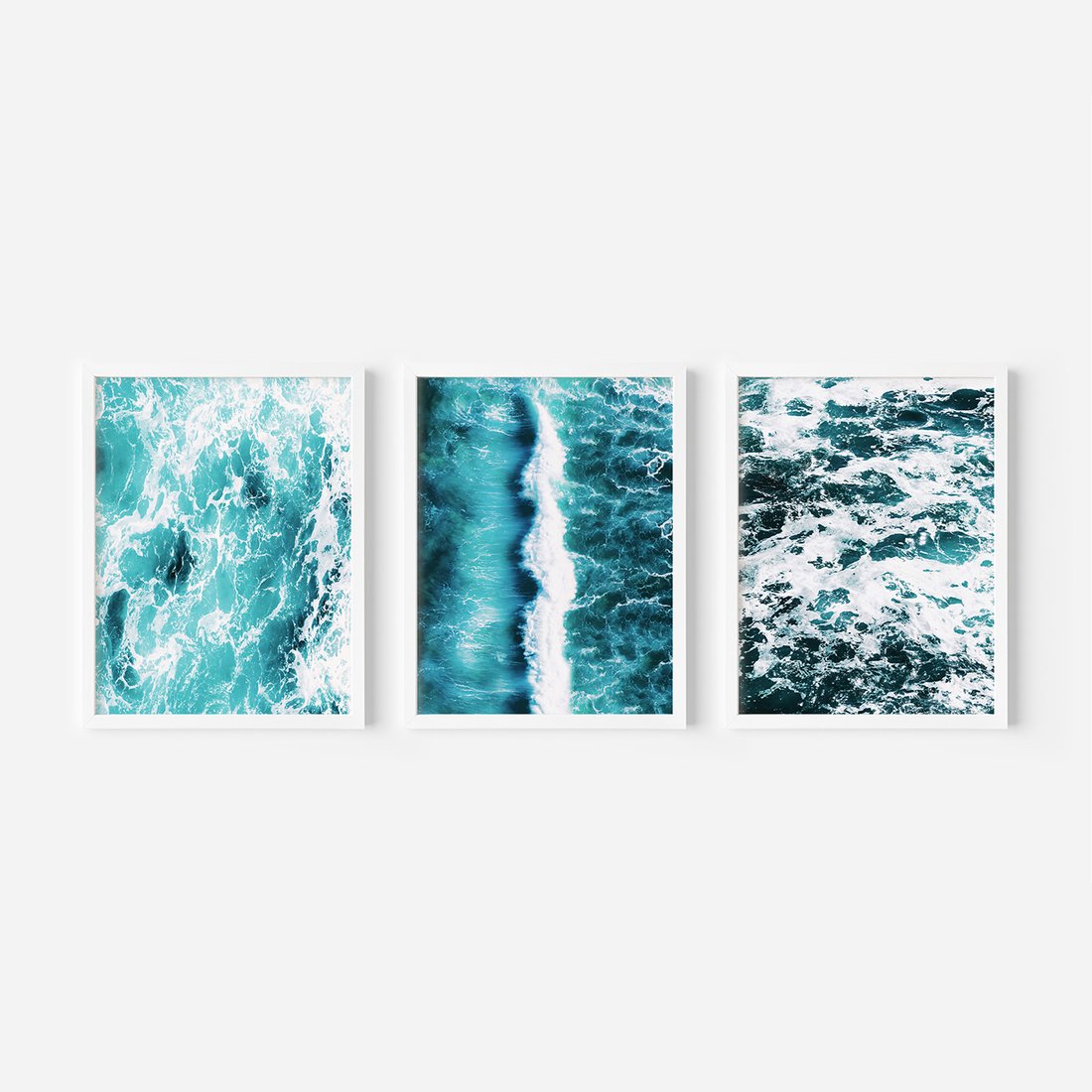 Zestaw obrazy w ramie, plakaty - woda, fale, turkusowy - rama biała