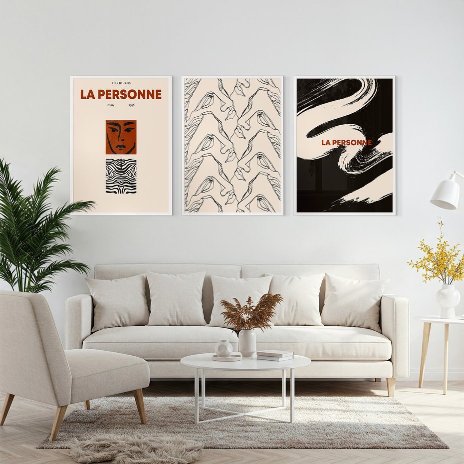 Zestaw obrazy w ramie, plakaty - abstrakcja, twarze, vintage - rama biała