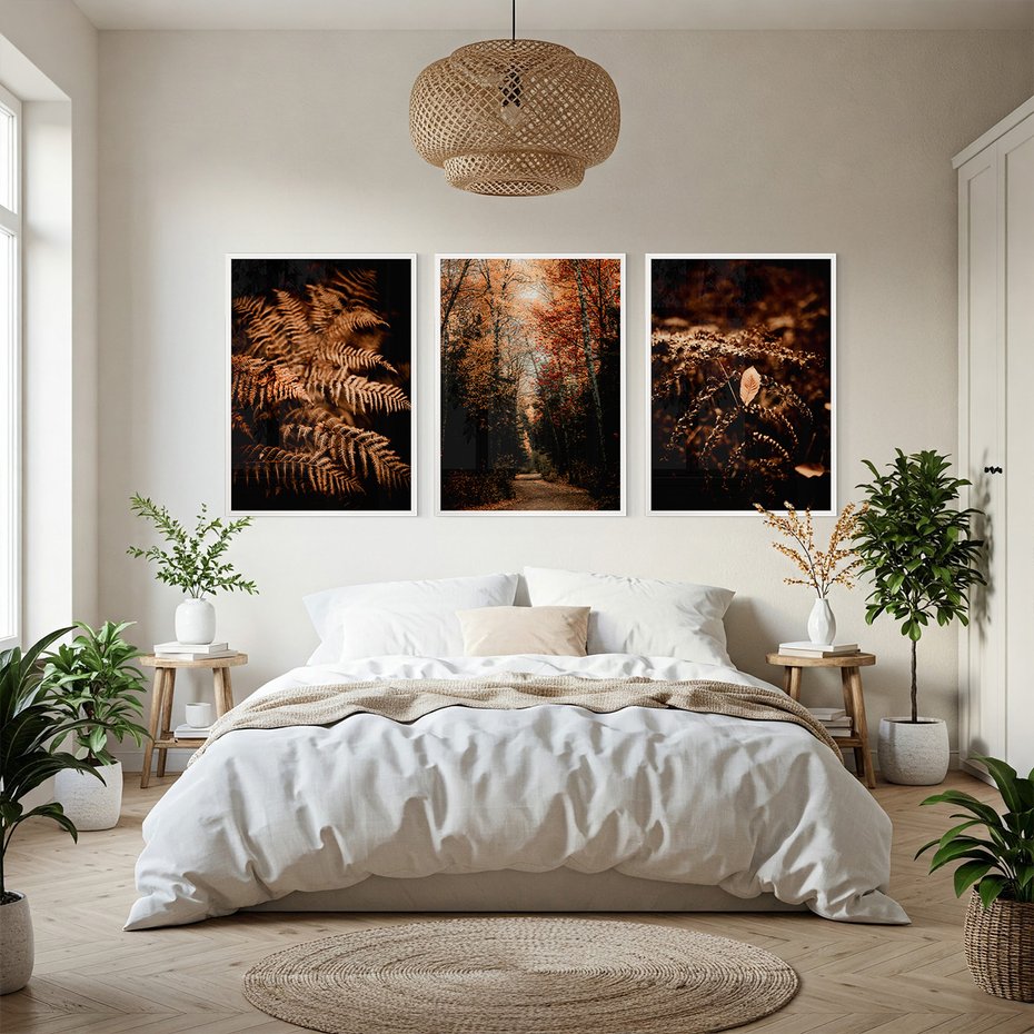 Zestaw obrazy w ramie, plakaty - jesień, liście, brązowy - rama biała