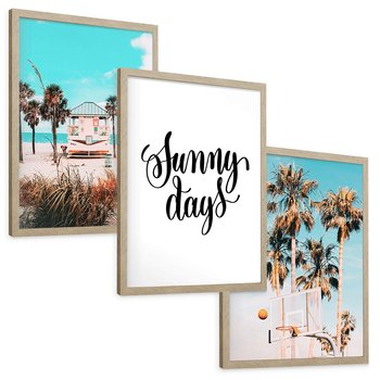 Zestaw obrazy w ramie, plakaty - plaża, palmy, lato - rama drewno
