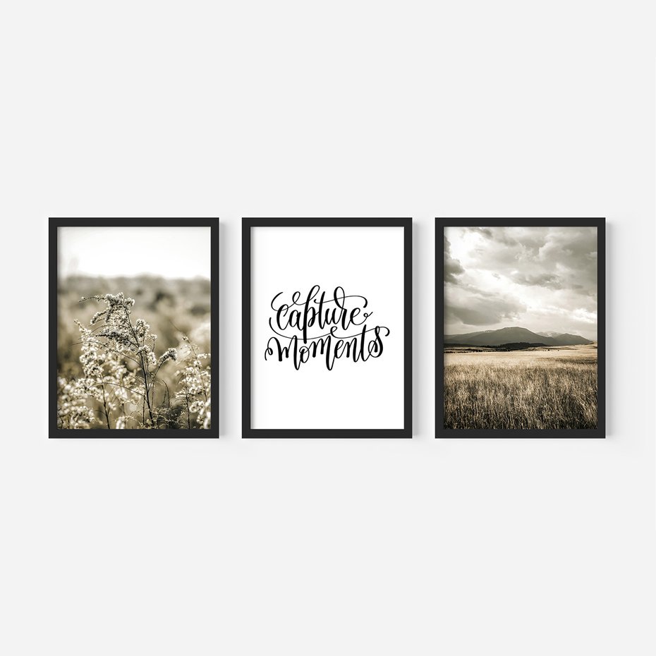 Zestaw obrazy w ramie, plakaty - natura, rośliny, góry - rama czarna