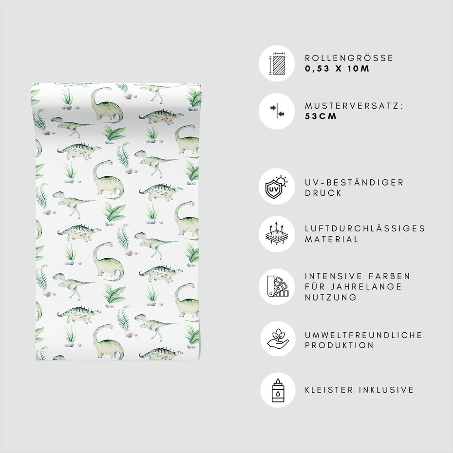 Tapeta - dziecięca, dinozaur, liście, rośliny