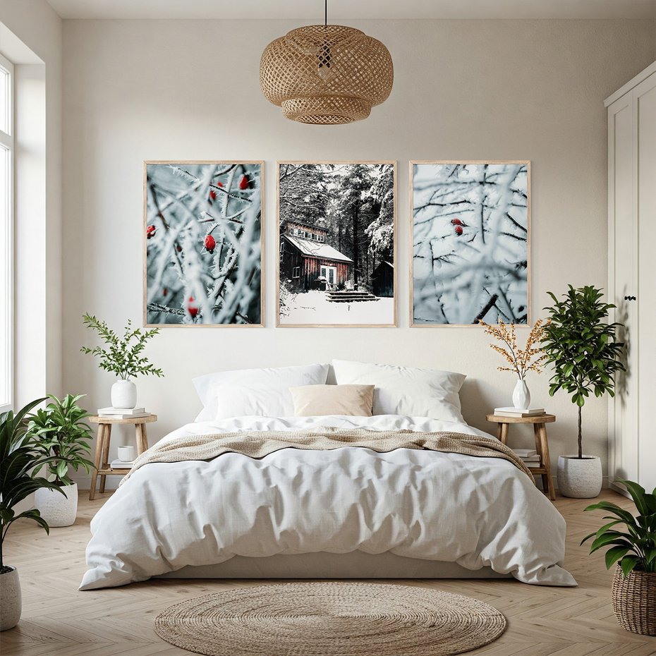 Zestaw obrazy w ramie, plakaty - zima, śnieg, mróz - rama drewno