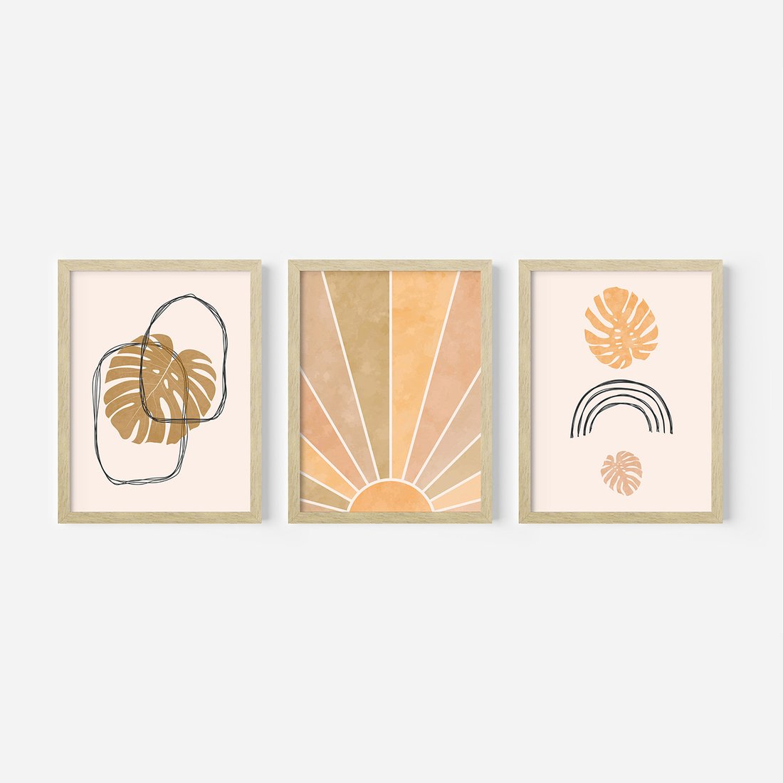 Zestaw obrazy w ramie, plakaty - liście, monstera, abstrakcja - rama drewno