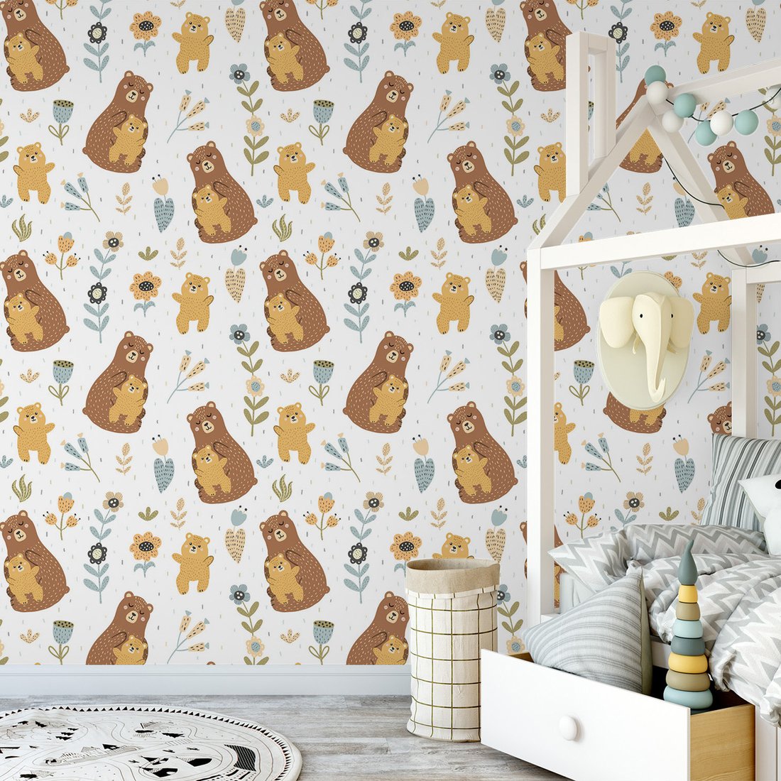 Tapeta - dziecięca, niedźwiedź, matka, kwiaty