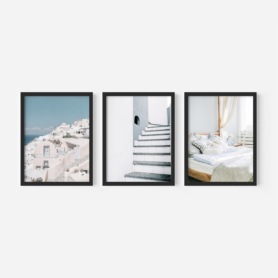 Zestaw obrazy w ramie, plakaty - budynki,schody,łóżko - rama czarna