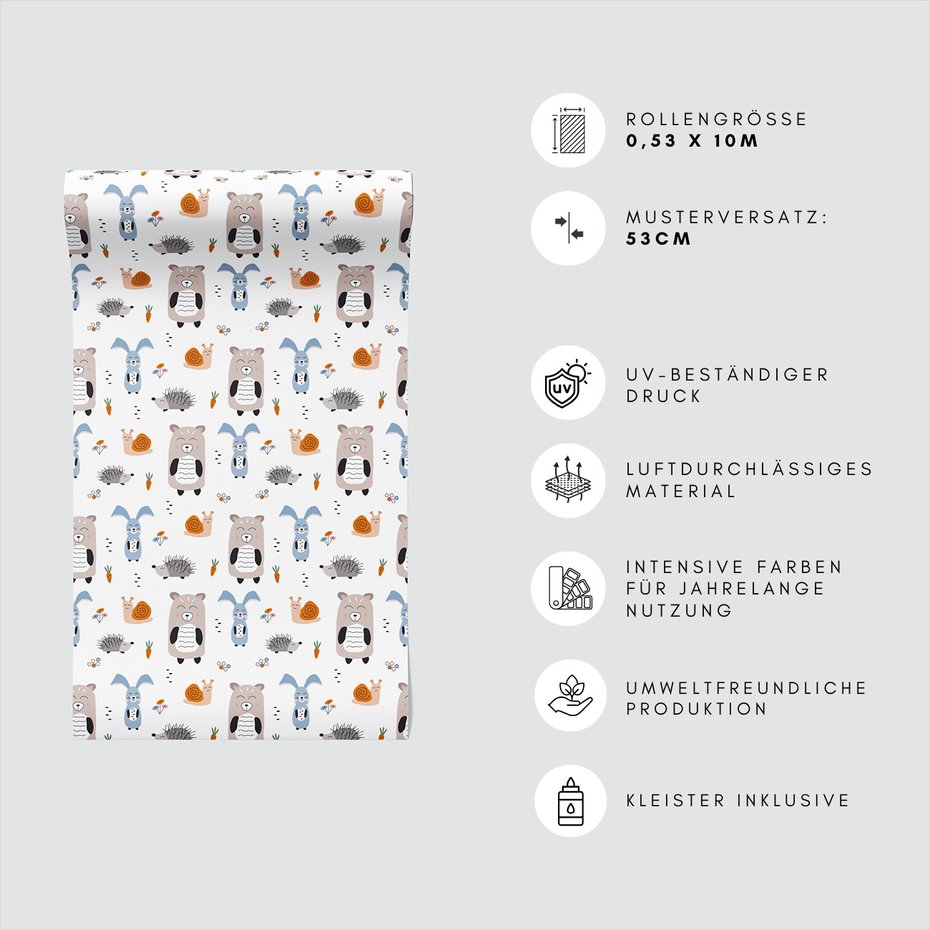 Tapeta - dziecięca, miś, królik, jeż