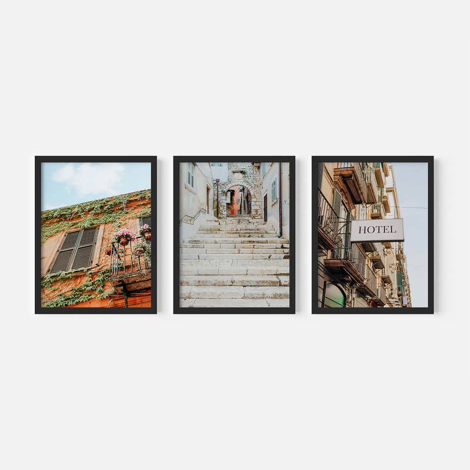 Zestaw obrazy w ramie, plakaty - architektura, budynki, kamień - rama czarna