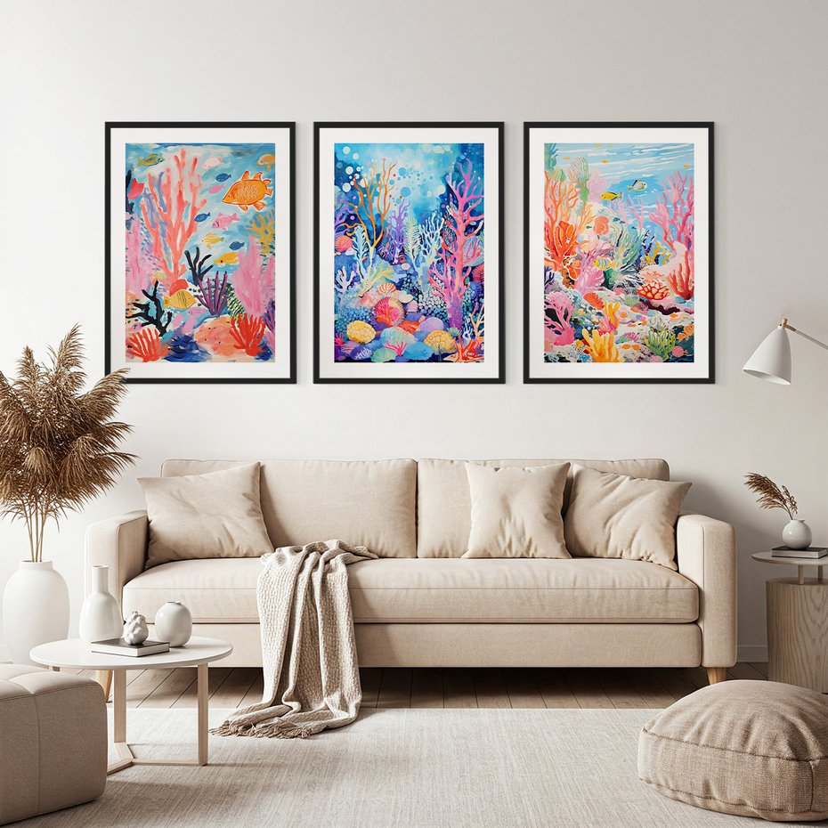 Zestaw obrazy w ramie, plakaty - podwodny, rafa, ryby - rama czarna