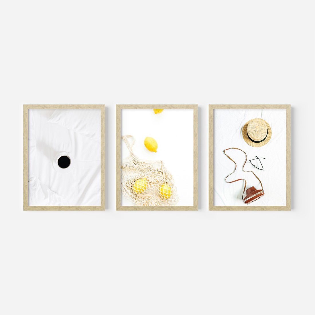 Zestaw obrazy w ramie, plakaty - śniadanie, cytryny, minimalizm - rama drewno