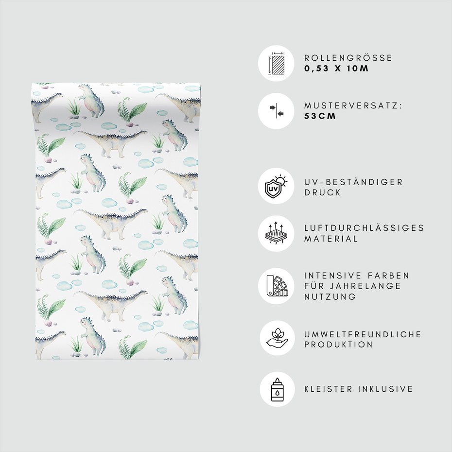 Tapeta - dziecięca, dinozaury, liście, chmury