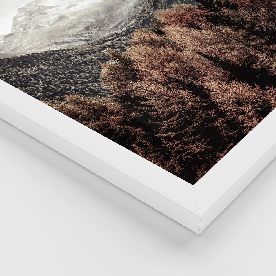 Zestaw obrazy w ramie, plakaty - góry, drewno, las - rama biała