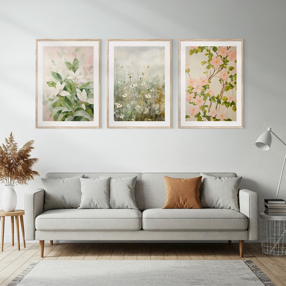 Zestaw obrazy w ramie, plakaty - kwiaty, rośliny, pastelowe - rama drewno