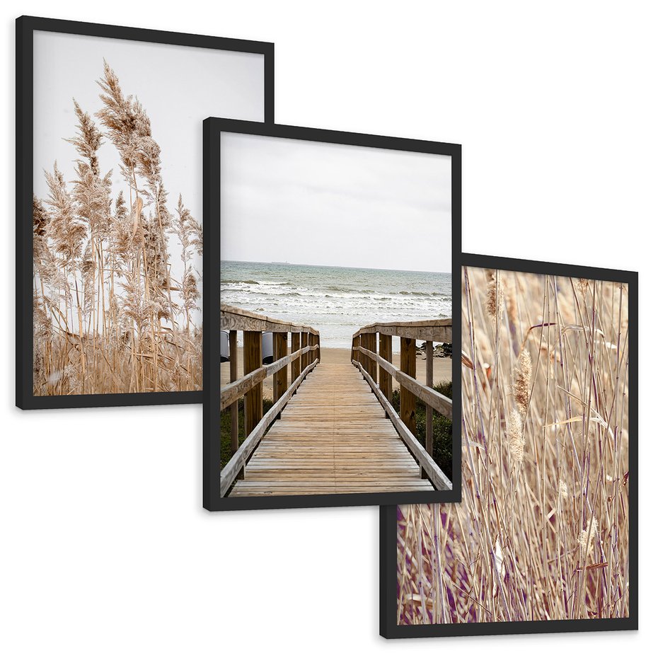 Zestaw obrazy w ramie, plakaty - trzcina, plaża, morze - rama czarna