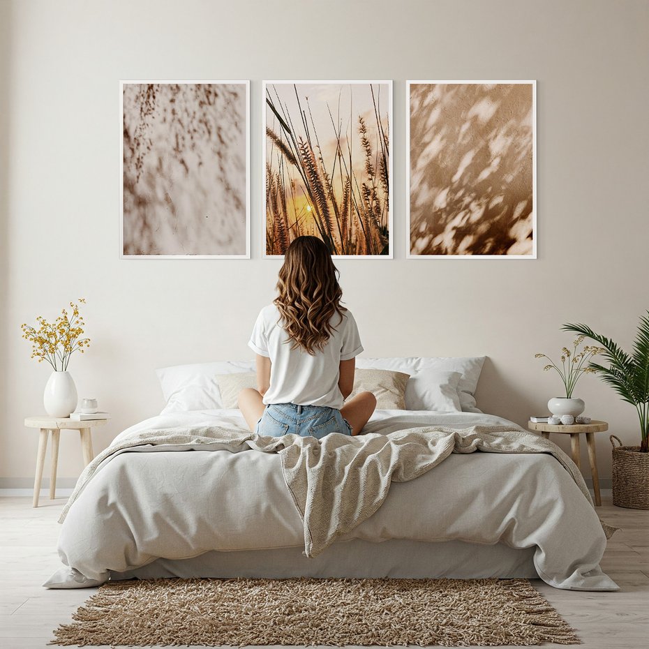 Zestaw obrazy w ramie, plakaty - cienie, trawa, abstrakcja - rama biała