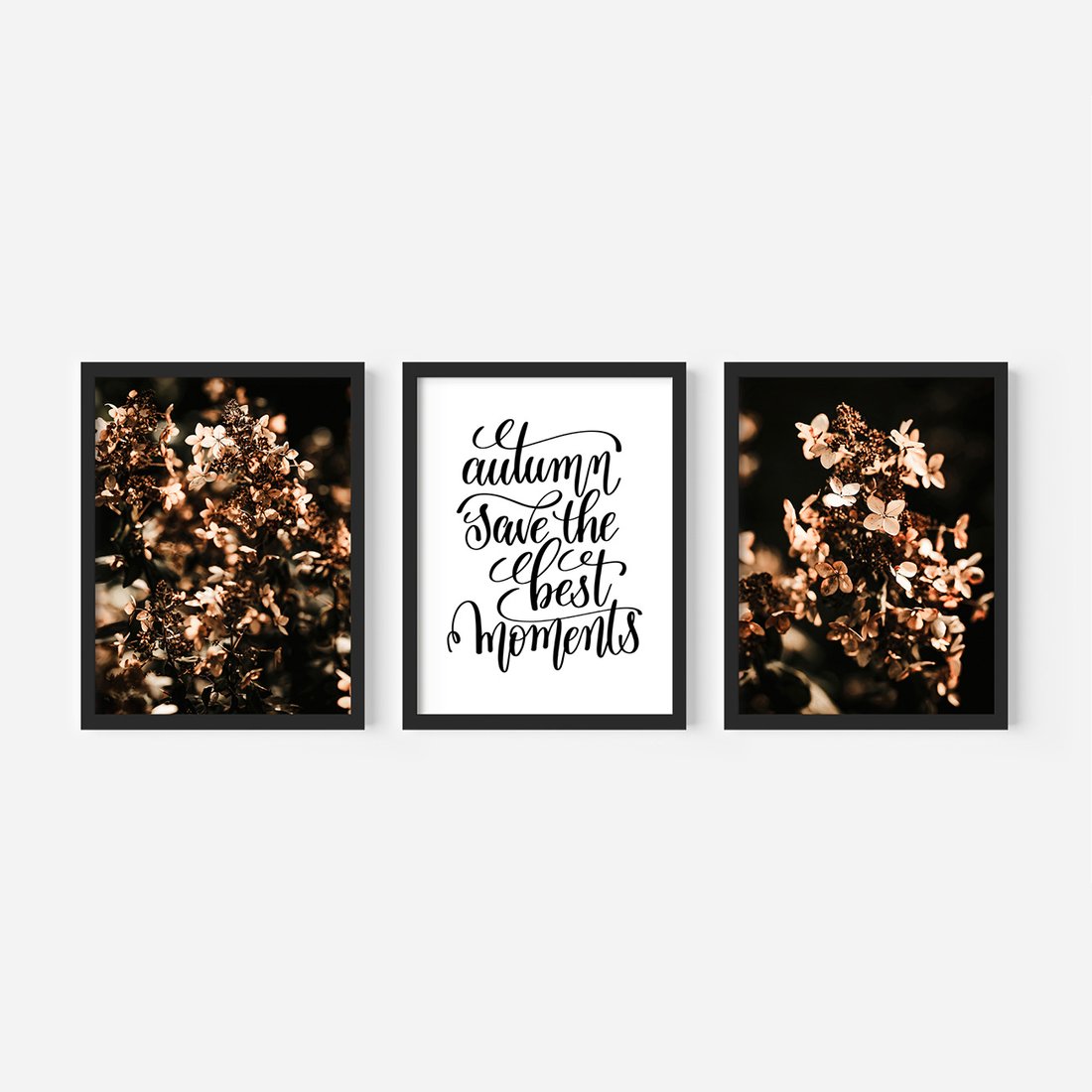 Zestaw obrazy w ramie, plakaty - kwiaty, jesień, dekoracja - rama czarna