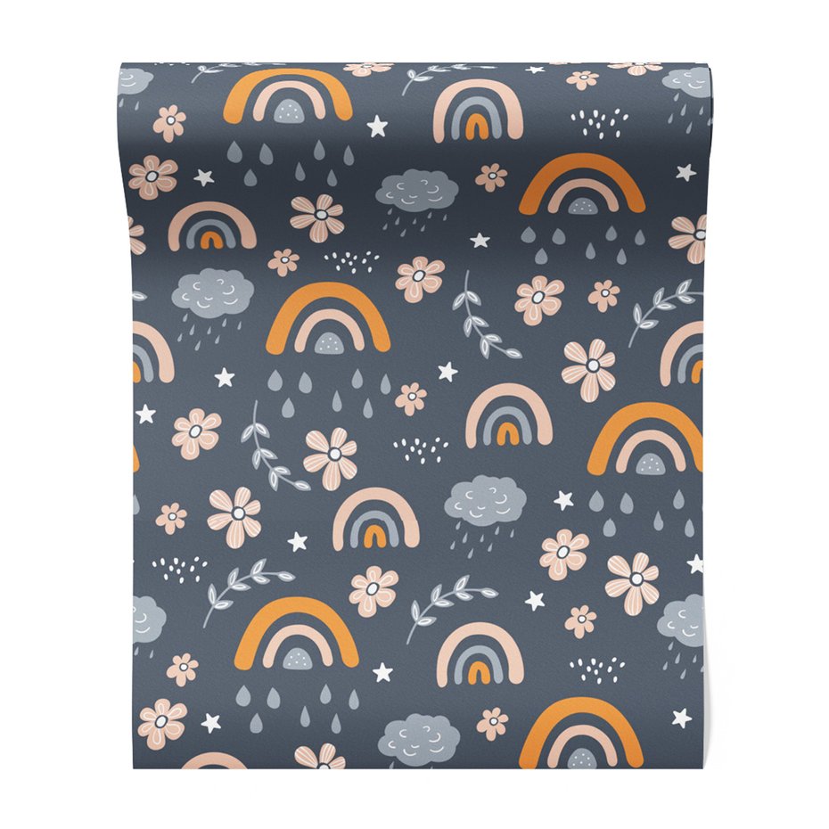 Tapeta - dziecięca, chmura, tęcza, kwiaty