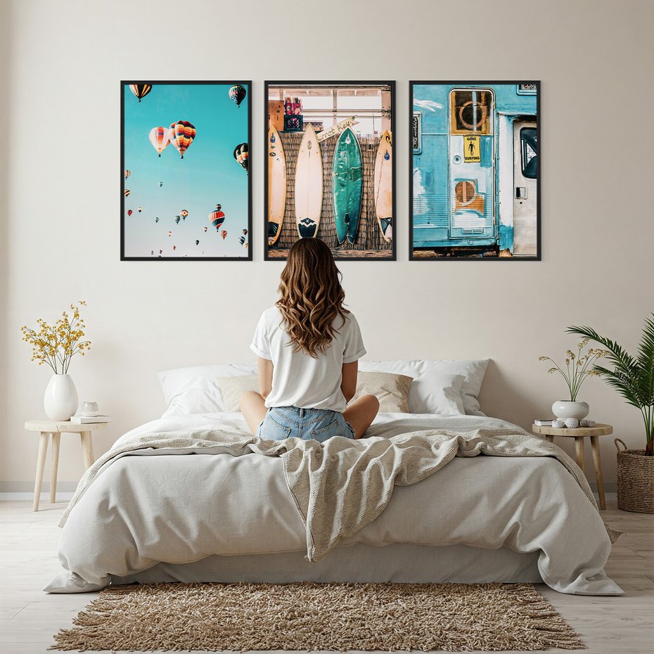 Zestaw obrazy w ramie, plakaty - podróże, plaża, wakacje - rama czarna