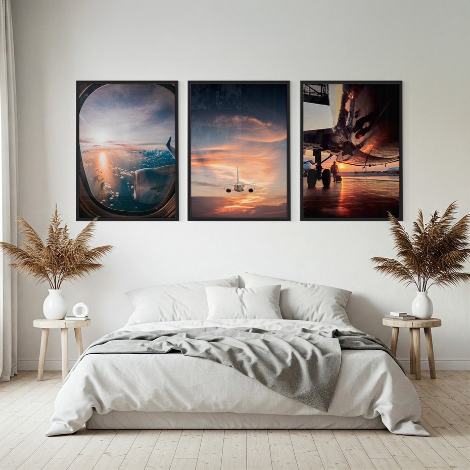 Zestaw obrazy w ramie, plakaty - samolot, niebo, podróż - rama czarna